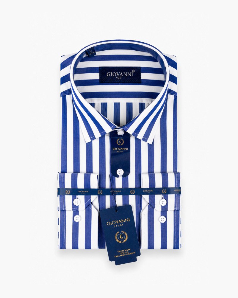 Chemise Blanche à larges rayures verticales bleu roi – Coupe Regular Fit