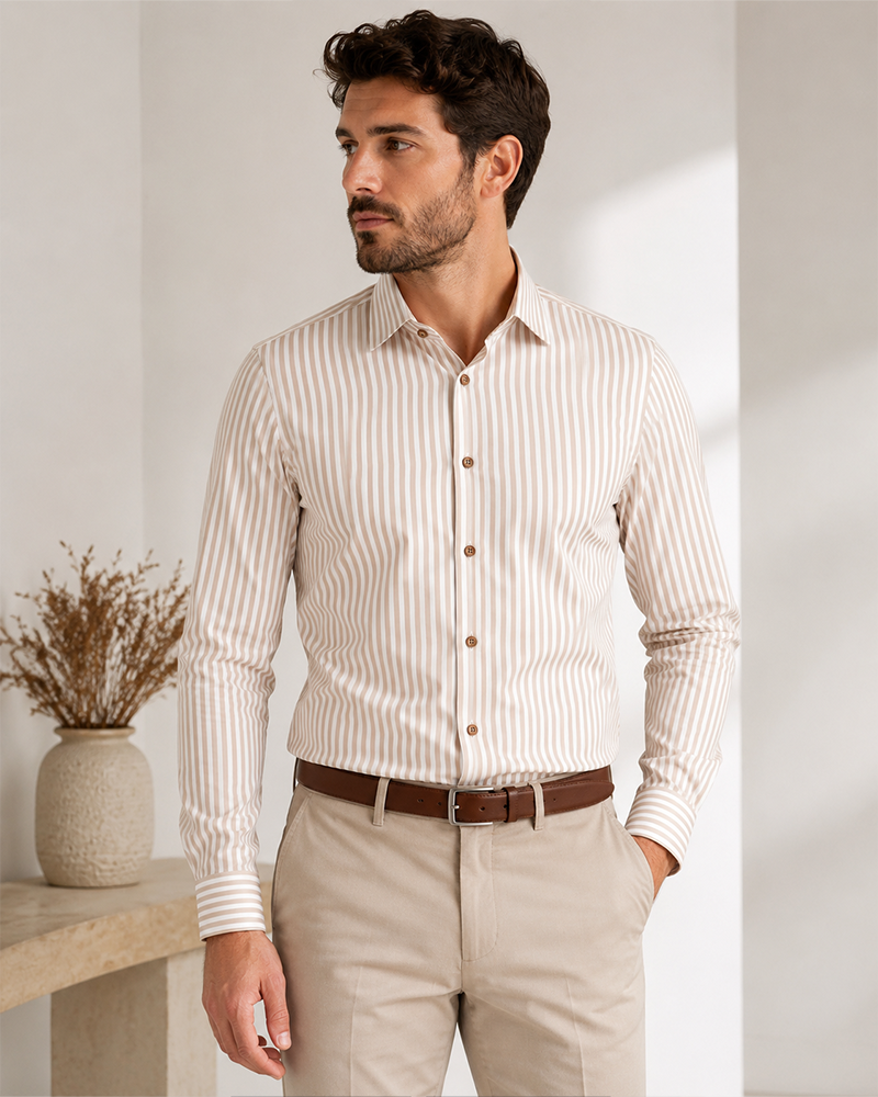Chemise homme rayée beige