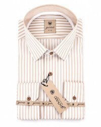 Chemise homme rayée beige Regular Fit manches longues