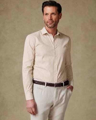 Chemise Beige à Rayures Blanches – Regular Fit